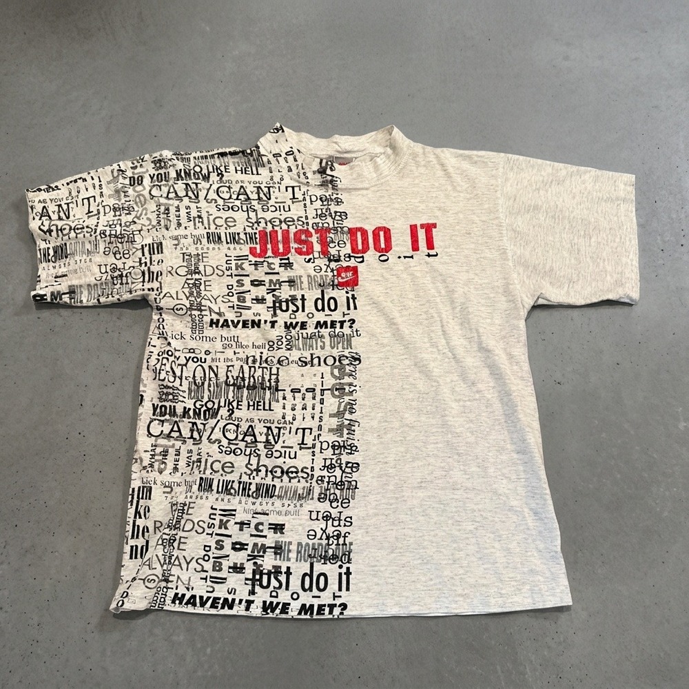 Vintage 90s Nike Just Do It Split Text AOP T-Shirt Grey Tag Made in USA Mens M